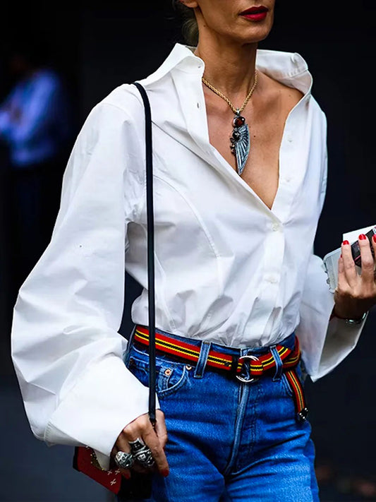 flowersverse Buttoned Solid Color Long Sleeves Loose Lapel Collar Blouses&Shirts Tops