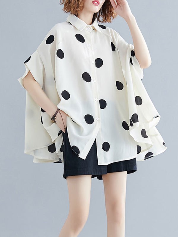 flowersverse Polka-Dot Batwing Sleeves Loose Lapel Blouses&shirts Tops