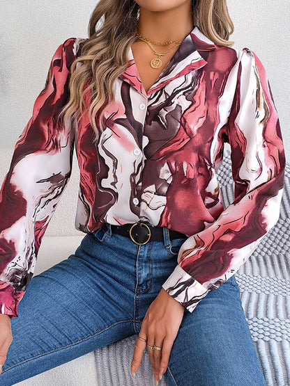 flowersverse Buttoned Printed Long Sleeves Loose Notched Collar Blouses&Shirts Tops