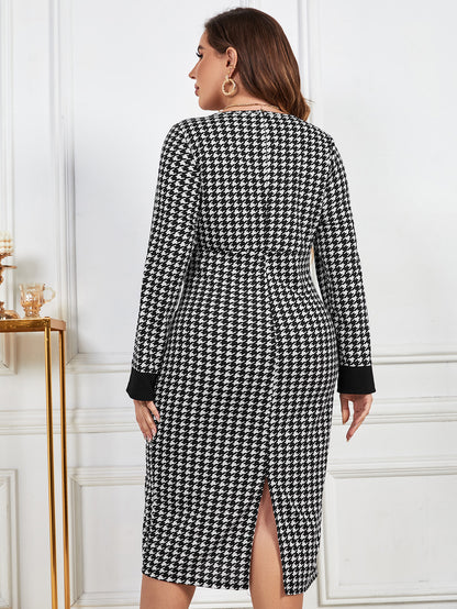 flowersverse Chic Casual V-Neck Houndstooth Contrasting Color Long-Sleeved Women's Dress