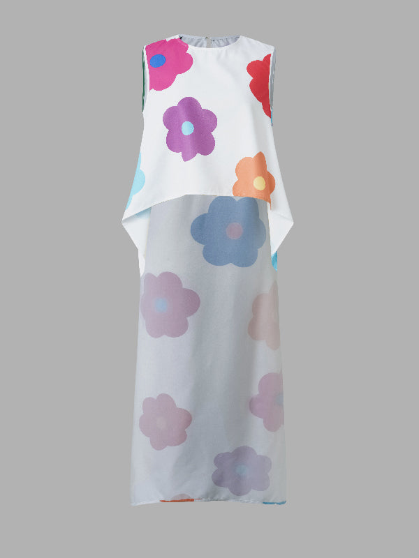 flowersverse High-Low Loose Contrast Color Floral Printed Round-Neck Vest Top