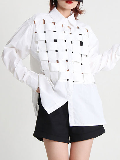 flowersverse Original Loose Puff Sleeves Buttoned Hollow Solid Color Lapel Collar Blouses&Shirts Tops