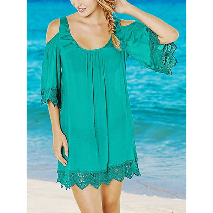 flowersverse Women's Cover Up Beach Dress Beach Wear Mini Dress Cold Shoulder Basic Casual Plain U Neck Half Sleeve Loose Fit Outdoor Daily Green  Spring Summer One Size