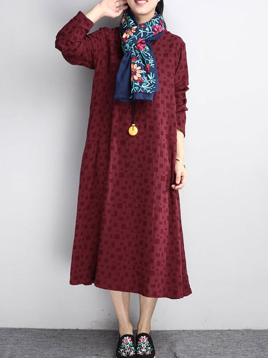flowersverse Plus Size Women Retro Chic Buttons Long Sleeves Wine Red Dress