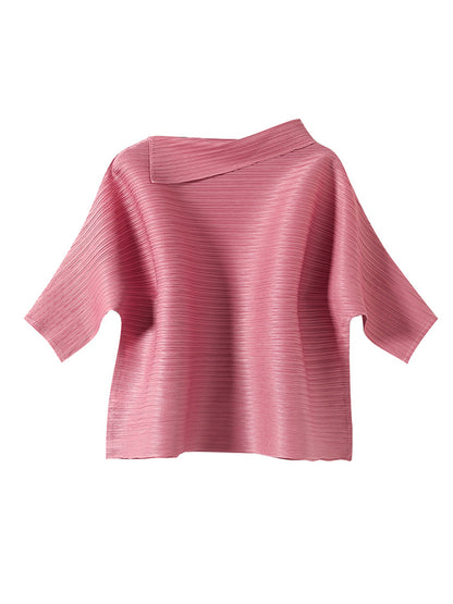 flowersverse Original Pleated Solid Color Lapel Collar T-Shirt Top