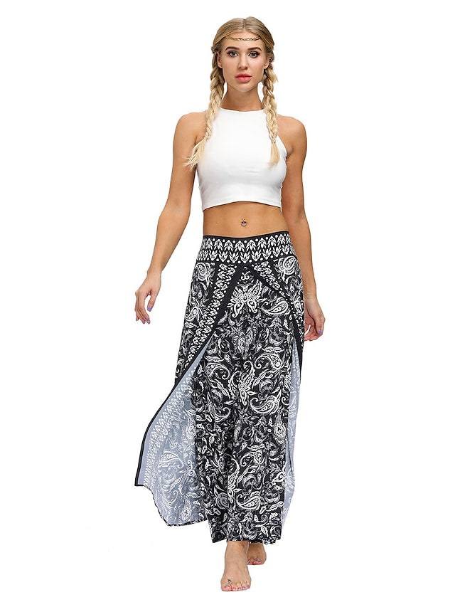 flowersverse Women's Harem Wide Leg Pants Trousers Light gray Gray Black High Waist Basic Boho Gym Yoga Layered High Cut Micro-elastic Full Length Comfort Pattern S L / Drop Crotch / Plus Size / Loose Fit / Print