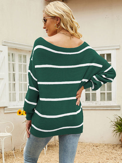 flowersverse Long Sleeves Striped Off-The-Shoulder Sweater Tops