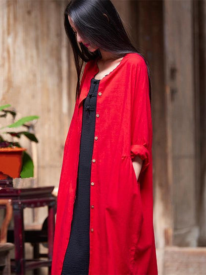 flowersverse Soft Red Ramie Cotton Linen Cover-up Cardigan