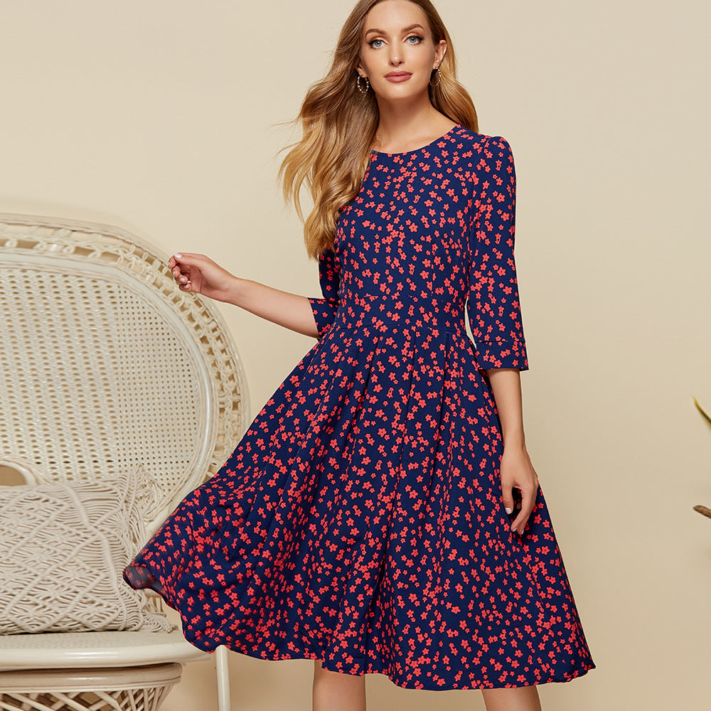 flowersverse Floral Pleated Round Neck Dress for Women