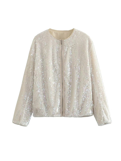 flowersverse Sequined Zipper Loose Puff Sleeves Round-Neck Outerwear Jackets