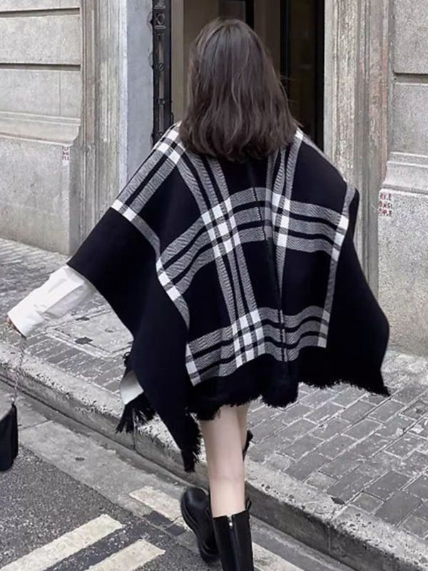 flowersverse Contrast Color Plaid Split-Joint Long Sleeves Loose V-Neck Cape