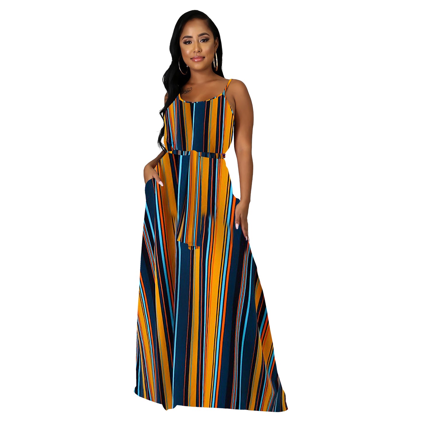 flowersverse Trendy Loose Plus Size Printed Stripe Strap Dress