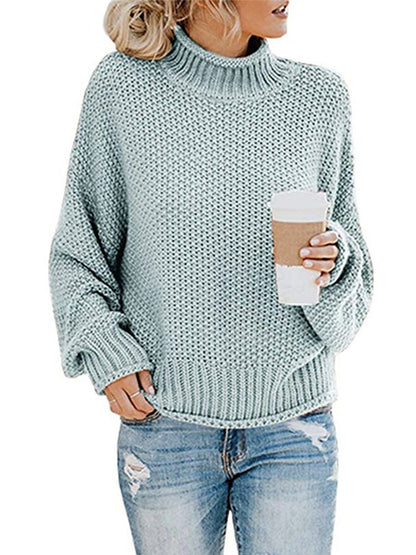 flowersverse Casual Long Sleeves Solid Color High-Neck Sweater Tops