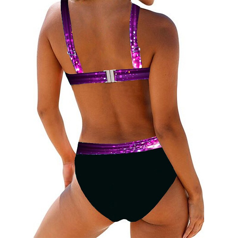 flowersverse Women's Swimwear Bikini 2 Piece Plus Size Swimsuit Open Back Printing Optical Illusion Gradient Color Blue Purple Halter V Wire Bathing Suits Sexy Vacation Fashion