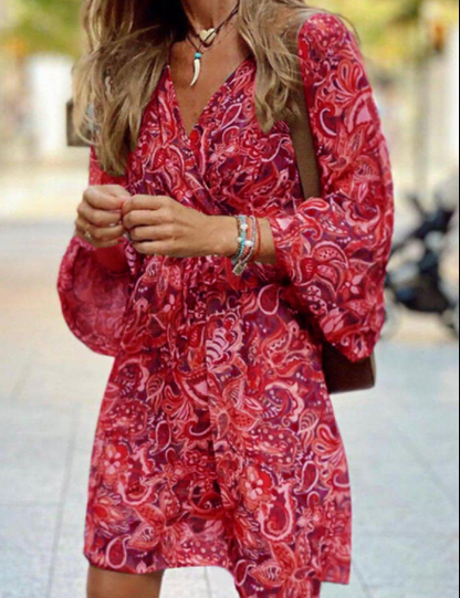 flowersverse New Printed Long Sleeve A-Line Boho Dress