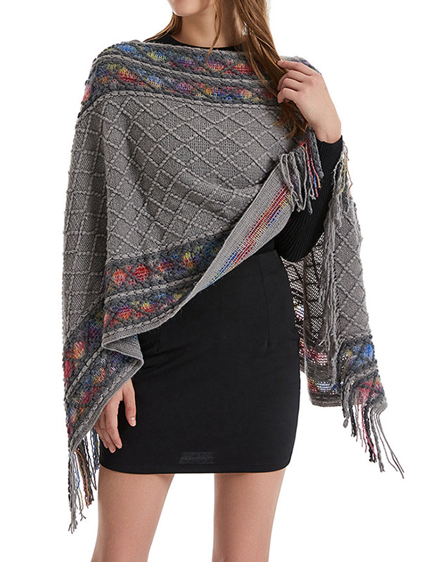 flowersverse Asymmetric Tasseled Loose V-Neck Shawl&Cloak Cape