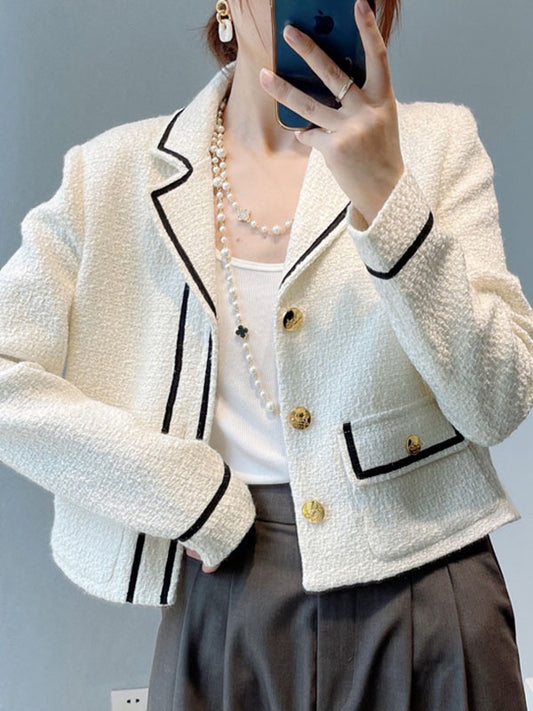 flowersverse Buttoned Pockets Long Sleeves Loose Notched Collar Woolen Coat Outerwear