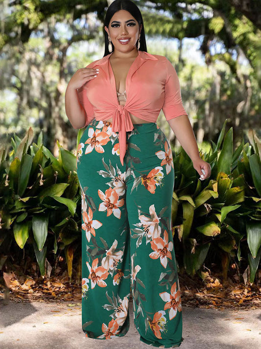 flowersverse Plus Size Two Piece Crop Top Long Pants Outfits