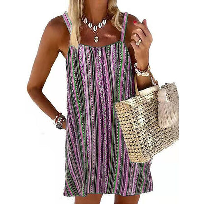 flowersverse Women's Casual Dress Shift Dress Tank Dress Stripe Pocket Print Square Neck Mini Dress Fashion Streetwear Outdoor Daily Sleeveless Loose Fit Blue Purple Brown Spring Summer S M L XL XXL