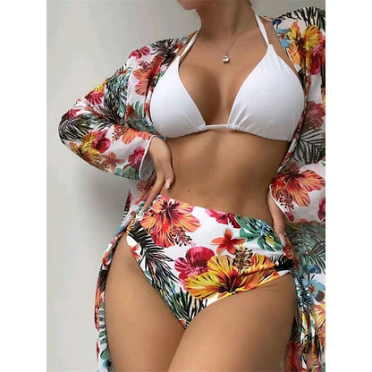 flowersverse Women's Swimwear Bikini Three Piece Normal Swimsuit High Waist Open Back Printing Flower Black Yellow White Halter V Wire Bathing Suits Sexy Vacation Fashion