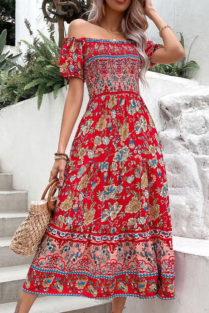 flowersverse Spartan Princess Floral Off-Shoulder Smocked Midi Dress