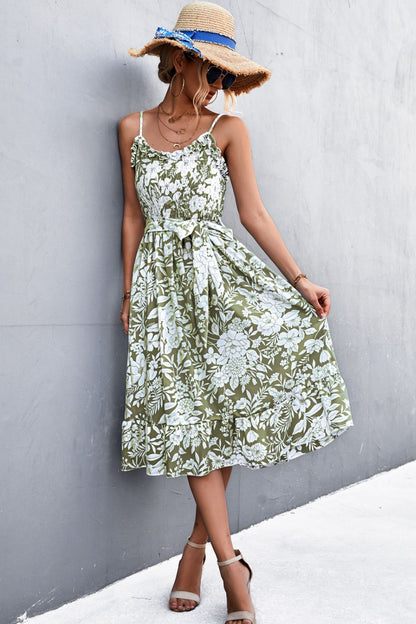 flowersverse Floral Frill Trim Scoop Neck Spaghetti Strap Dress