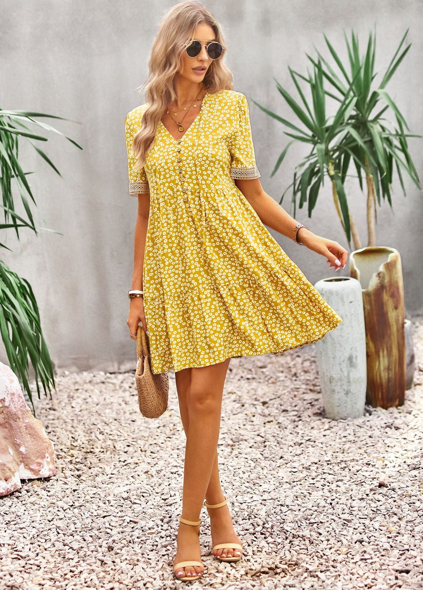 flowersverse Floral Buttoned Puff Sleeve Dress