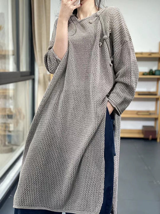 flowersverse Asymmetric Hollow Split-side Long Sleeves Loose Round-neck Sweater Tops