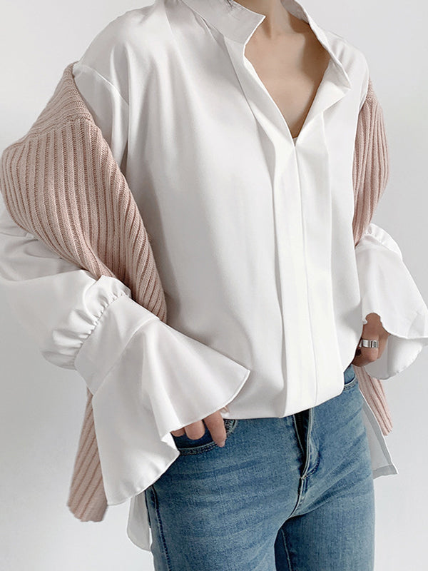 flowersverse Solid Color Flared Sleeves High-low V-neck Blouses&shirts Tops