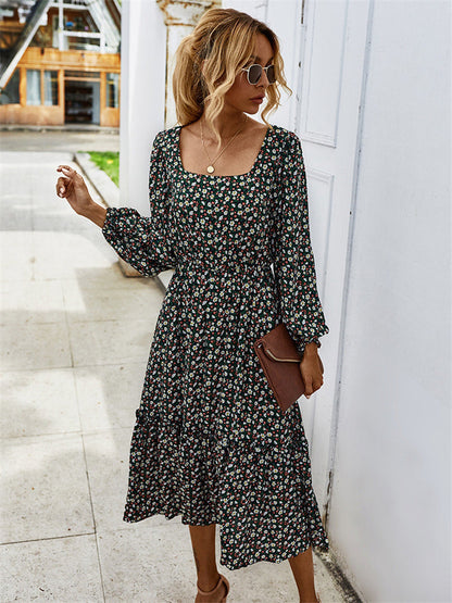 flowersverse Retro Ladies Square Collar Floral Long Dress Autumn Winter Women High Waist Full Sleeve Elegant Chic Dress