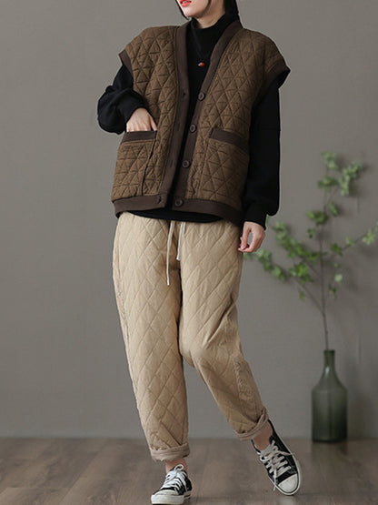 flowersverse Simple Loose Sleeveless Buttoned Quilted Solid Color V-Neck Vest Outerwear