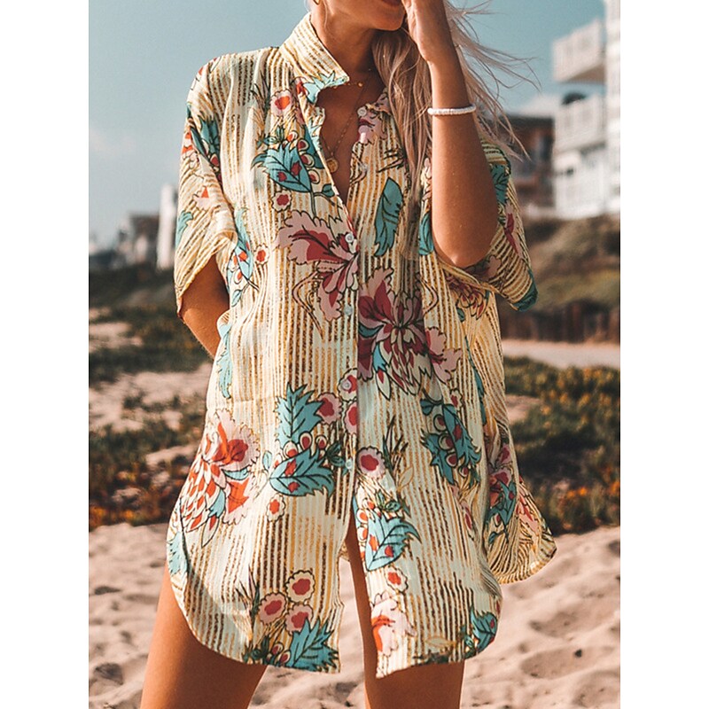 flowersverse Women's Shirt Dress Beach Dress Beach Wear Mini Dress Print Casual Floral Turndown Short Sleeve Loose Fit Outdoor Daily Blue  Spring Summer One Size