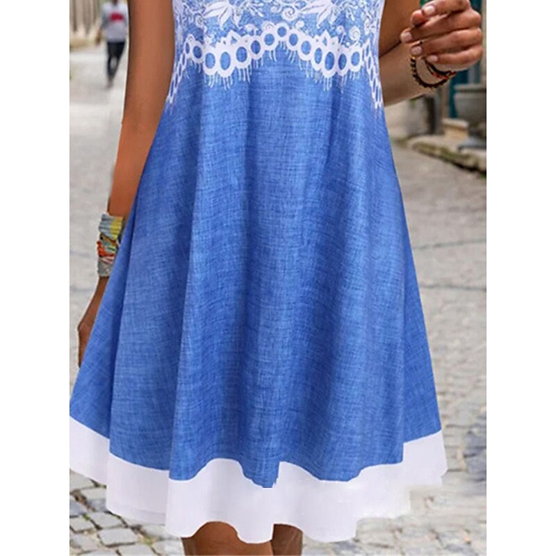 flowersverse Women's Casual Dress Summer Dress Print Dress Floral Fake two piece Print Crew Neck Midi Dress Active Fashion Outdoor Daily Short Sleeve Loose Fit Blue Spring Summer S M L XL XXL