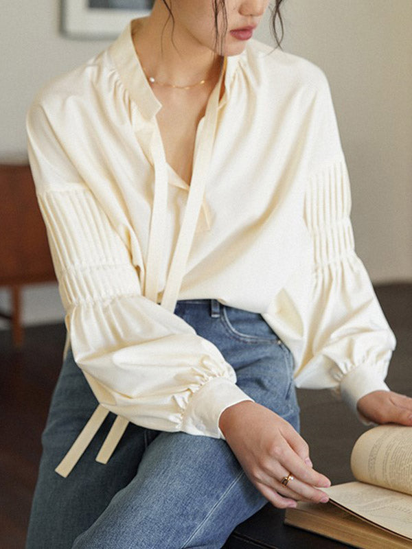 flowersverse Pleated Solid Color Tied Long Sleeves Loose Mock Neck Blouses&shirts Tops