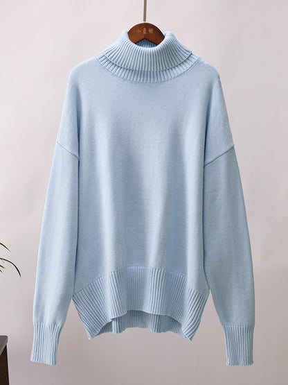 flowersverse Solid Color Long Sleeves Loose High Neck Sweater Tops Pullovers Knitwear