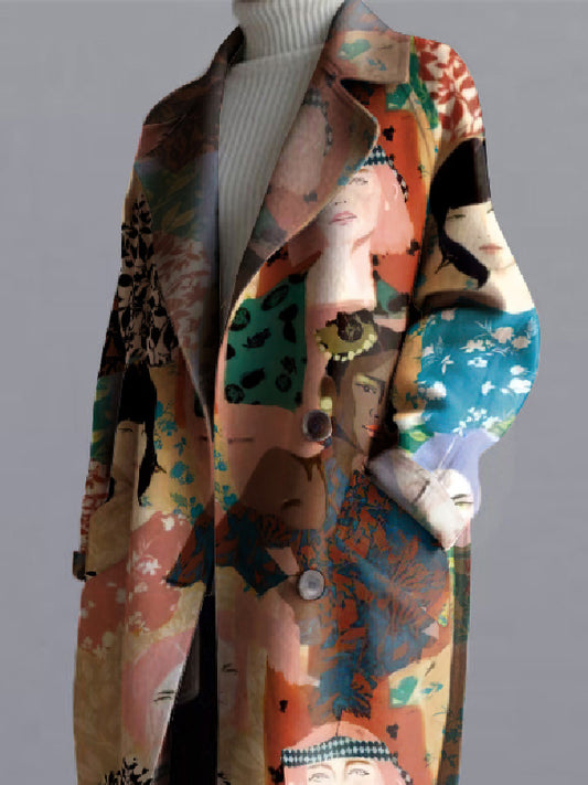 flowersverse Buttoned Figure Printed Long Sleeves Notched Collar Woolen Coat