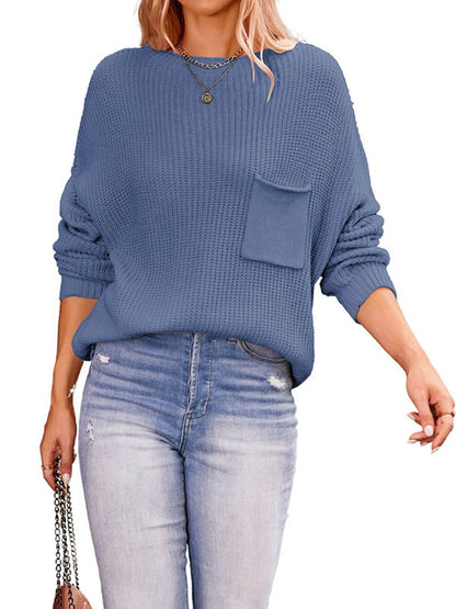 flowersverse Pockets Solid Color Long Sleeves Loose Round-Neck Sweater Tops Pullovers