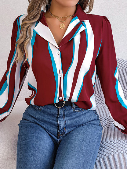 flowersverse Buttoned Contrast Color Printed Long Sleeves Loose Notched Collar Blouses&Shirts Tops