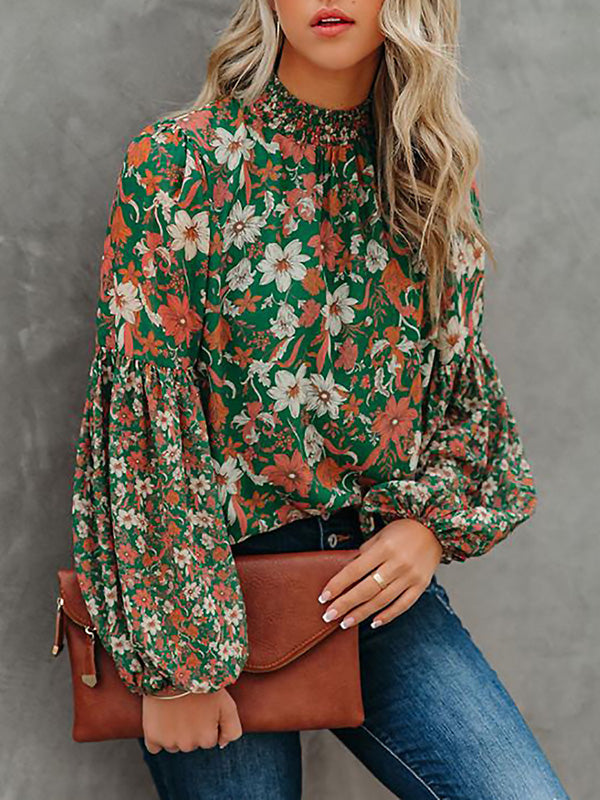 flowersverse Bohemia Loose Puff Sleeves Floral Printed Shirt Top