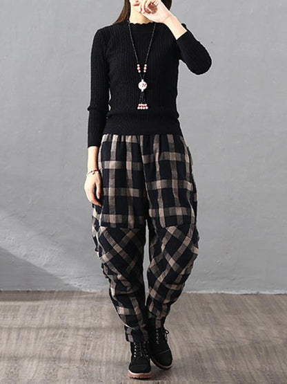 flowersverse Vintage Plaid Thickening Pleated Harem Pants