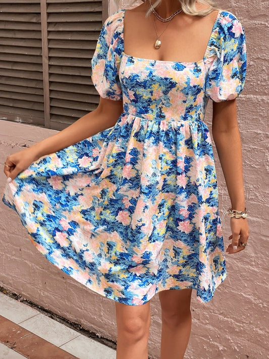 flowersverse Floral Square Neck Puff Sleeve Dress