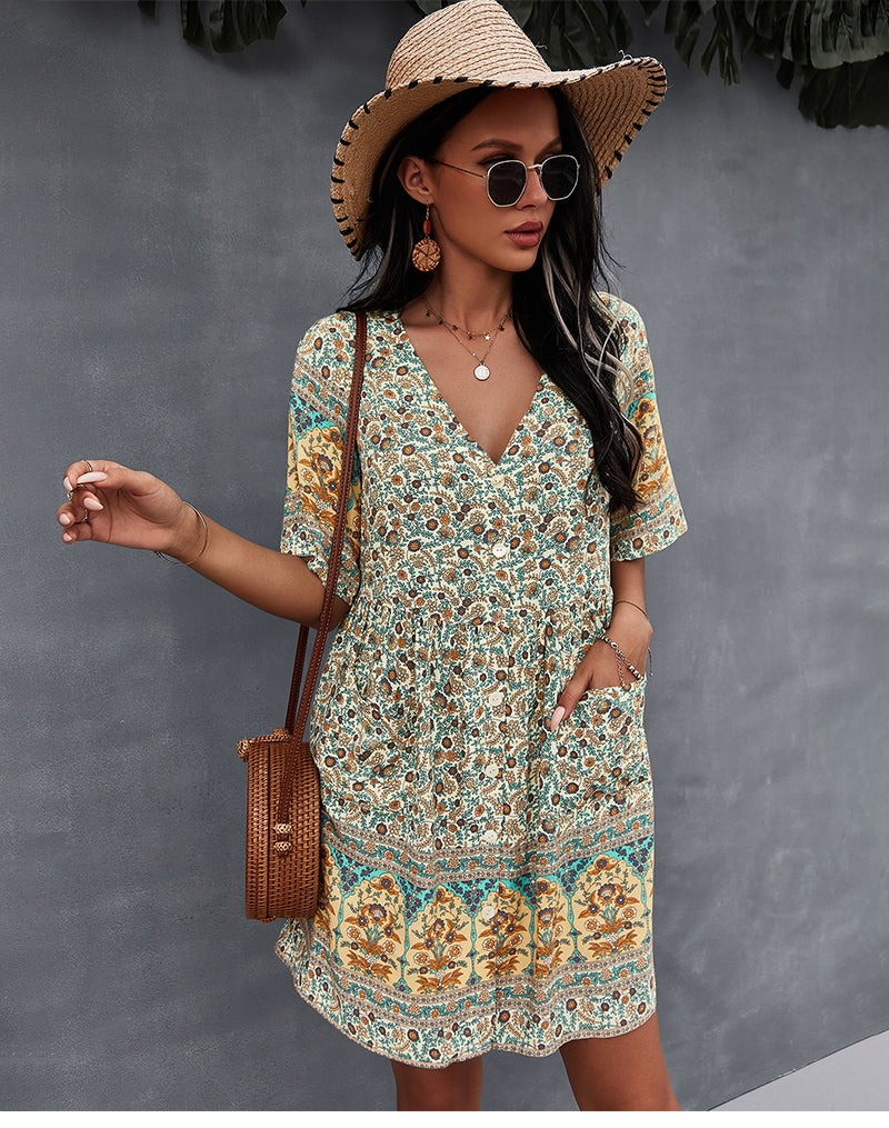 flowersverse Floral Print Summer Short Dress Women Casual V Neck Bohemian Short Sleeve Dress For Woman Fashion Sexy Spring Dress