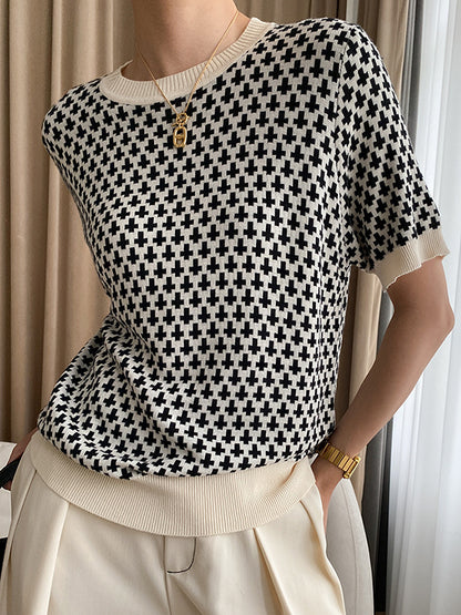 flowersverse Houndstooth Half Sleeves Round-Neck Sweater Tops