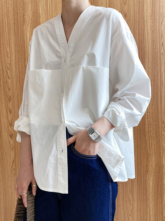 flowersverse Loose Simple V-Neck Pocket Blouses