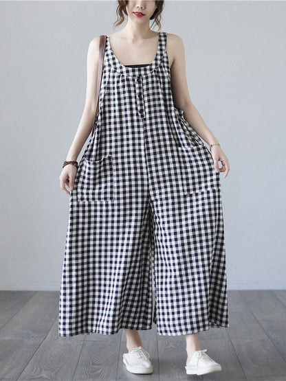 flowersverse Original Simple Casual Artistic Retro Plaid Wide Legs Jumpsuits