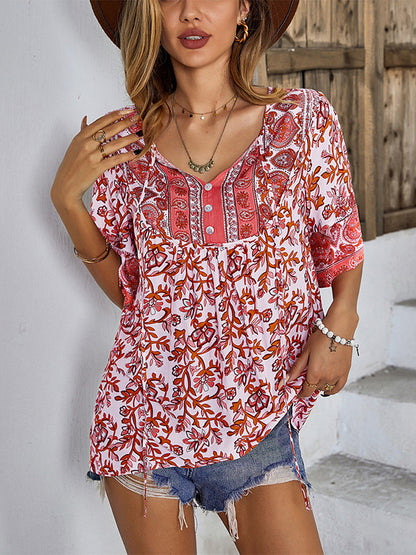 flowersverse Vacation Half Sleeves Loose Floral Printed V-Neck T-Shirt Top