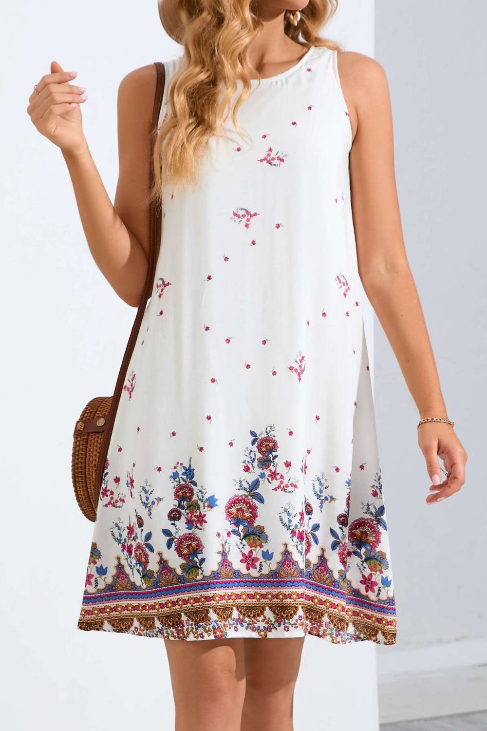 flowersverse Women's Bohemian Floral Detail Round Neck Sleeveless Dress