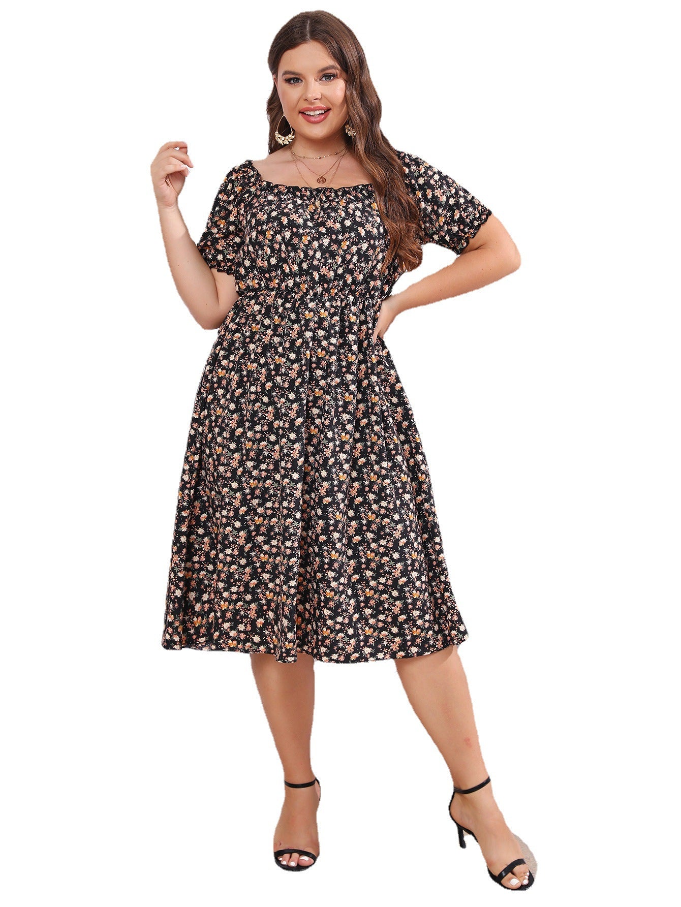 flowersverse Plus Size Women's Square Neck Slim Waist Print Short Sleeve Dress