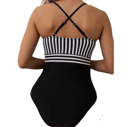 flowersverse Women's Swimwear One Piece Normal Swimsuit Printing Stripe Black Red Blue Bodysuit Bathing Suits Sports Summer