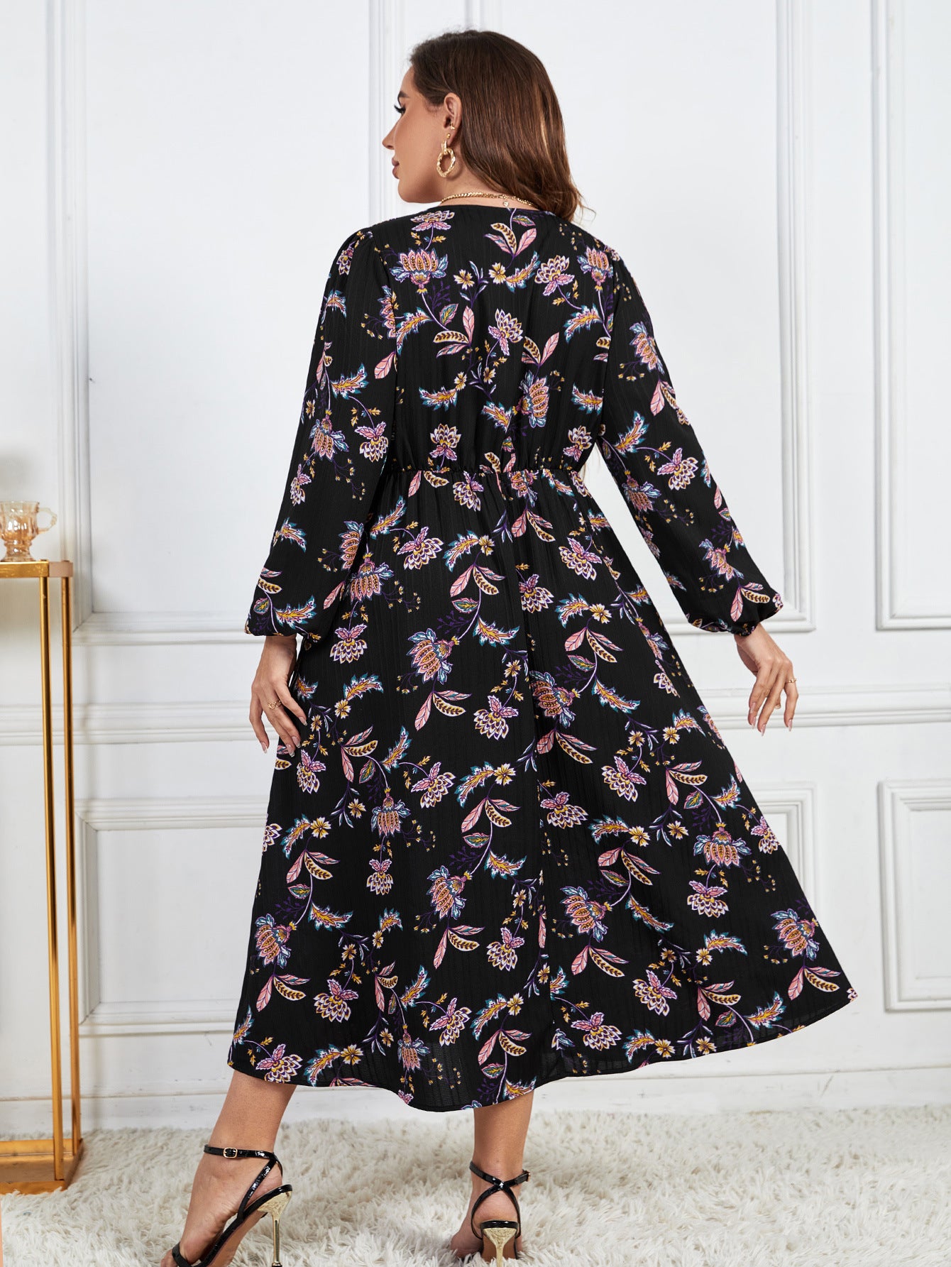 flowersverse Printed Loose Chic Slim Waist Slim Fit High Waist Long Sleeve Floral Dress Women